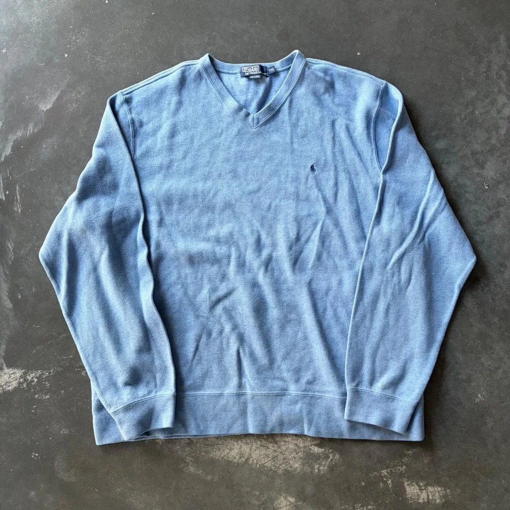 Polo Ralph Lauren Men XXL Blue V-Neck Cotton Knit Sweater